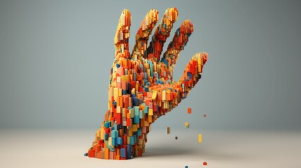 render voxel human hand illustration technology design, digital communication, 3d strategy render voxel human hand