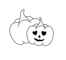 Vector isolated two pair couple simple halloween carved pumpkin with heart eye holes colorless black and white contour line easy drawing