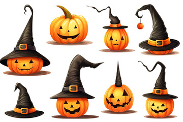 Big set of Halloween pumpkin, witches hat, jack o lantern on without background, png