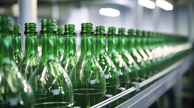 Des bouteilles en verre lors de l'embouteillage.