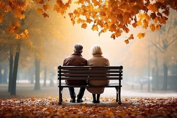 couple sitting on bench in park - obrazy, fototapety, plakaty