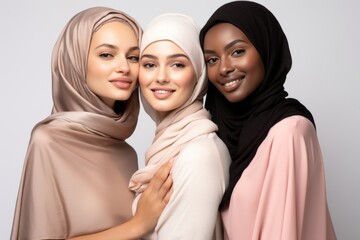 Beauty portrait of a diverse group of beautiful women posing together against a light grey studio background. 