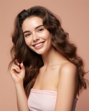 attracctive beautiful femal girl with natural makeup and wavy hair on a beige background beauty face aesthetic and medical health care concept