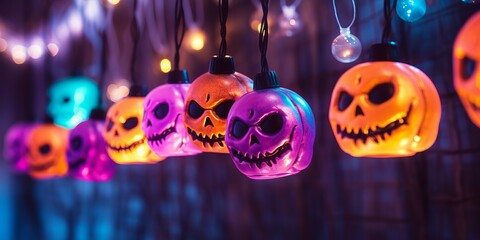a Halloween garland with colored lights in the style of Jack's lantern