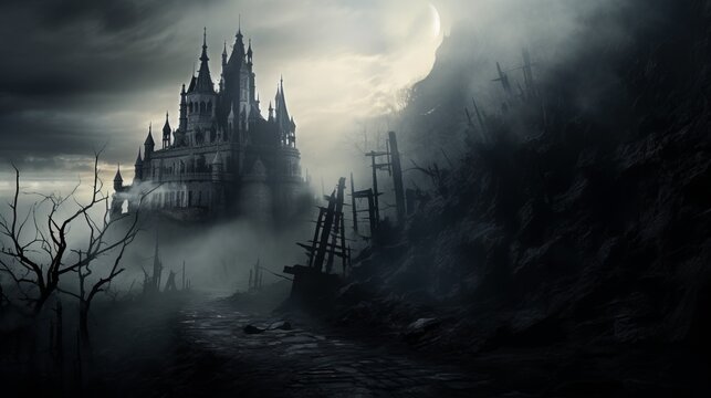 a creepy castle in the middle of an ominous fog