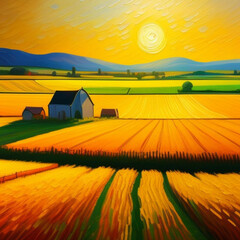 Fototapeta premium Impressionism painting style of rural farmland at dawn or dusk. Generative AI