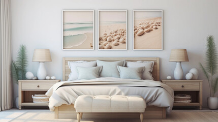 Coastal-themed bedroom with seashell decor. Seaside slumber. A serene chamber capturing the essence of the ocean's calm and beauty