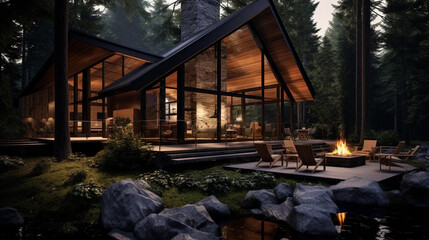 Rustic cabin with a contemporary twist. Woodsy retreat. A cozy hideaway blending traditional timber with sleek design elements