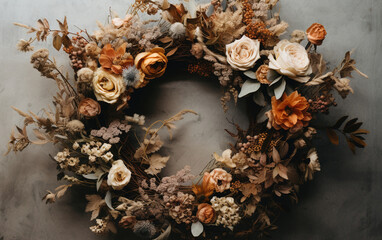 Generative AI, Stylish autumn rustic wreath close up, aesthetic muted colors