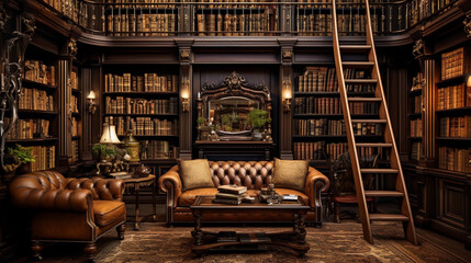 Vintage library with wooden ladders and leather armchairs. Timeless wisdom. A haven for bibliophiles, echoing tales of yesteryears - Powered by Adobe