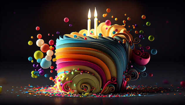 Colourful birthday cake birthday candle, Ai generated image