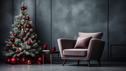 Minimalistic Modern Christmas Tree with Contemporary Furniture Against a Plain Background in 8K created with generative ai technology
