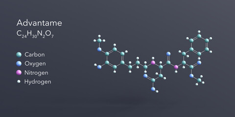 advantame molecule 3d rendering, flat molecular structure with chemical formula and atoms color coding