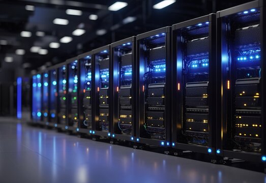 Row of network servers with glowing LED lights