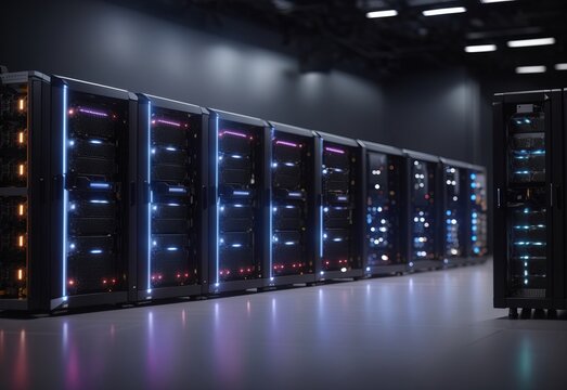 Row of network servers with glowing LED lights - Powered by Adobe