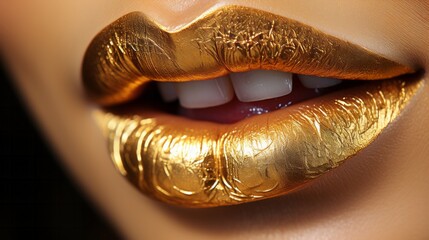 Photo of a woman's lips adorned in shimmering gold lipstick created with Generative AI technology