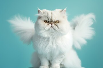 persian cat wearing a pair of angel wings against a turquoise blue background