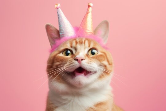 cheetoh cat wearing a unicorn costume against a pastel pink background