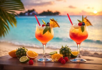 Summer cocktails on luxury tropical beach resort at sunset. Exotic summer drinks cocktails. Youth and summer vacation concept
