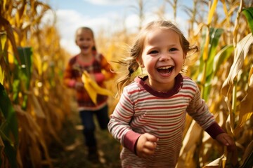 Joyful kids exploring a corn maze