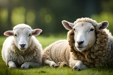 Naklejka na ściany i meble sheep and lamb in the morning 