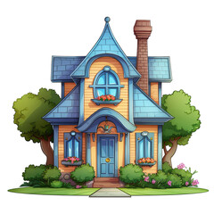 Obraz na płótnie Canvas Cartoon style illustration of a multi-story house isolated on a white background. The façade and colors of the house are designed to attract children's attention.
