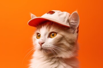 american curl cat wearing a cool cap against a bright orange background