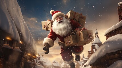 Santa Claus in His Toy Workshop Preparing for Christmas Eve Deliveries on his Reindeer Sleigh in 8K created with generative ai technology - obrazy, fototapety, plakaty