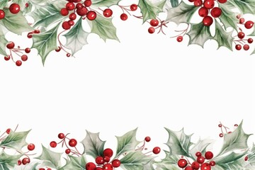 Watercolor christmas holly frame with berries and christmas flowers