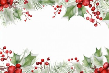 Watercolor christmas holly frame with berries and christmas flowers