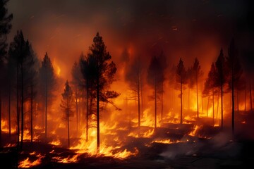 photo of forest fire at night. Natural damage due to climate change. Impact of global warming.
