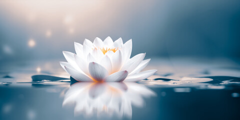 Lotus flower with reflection on water surface. Water lily. - obrazy, fototapety, plakaty