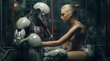 Fototapeta na wymiar romantic AI robots, couple of AI robots, bionic robot couploe, humanoid robots talking together