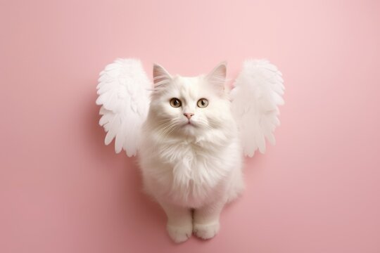 manx cat wearing a pair of angel wings against a peachy pink background