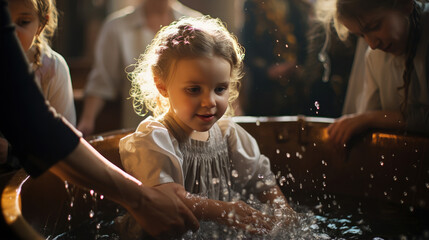Generative AI, sacrament of baptism of a small child in a Christian temple, religious traditional rite, ablution, Catholicism, Orthodoxy, church, cathedral, priest, family, baby, boy, girl, holy water - obrazy, fototapety, plakaty