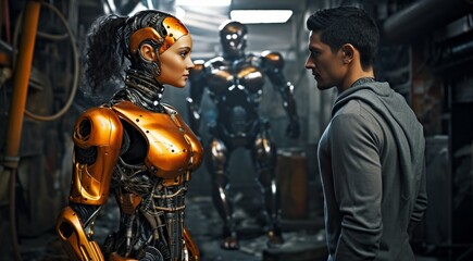 Fototapeta na wymiar romantic AI robots, couple of AI robots, bionic robot couploe, humanoid robots talking together
