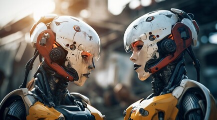 romantic AI robots, couple of AI robots, bionic robot couploe, humanoid robots talking together - obrazy, fototapety, plakaty