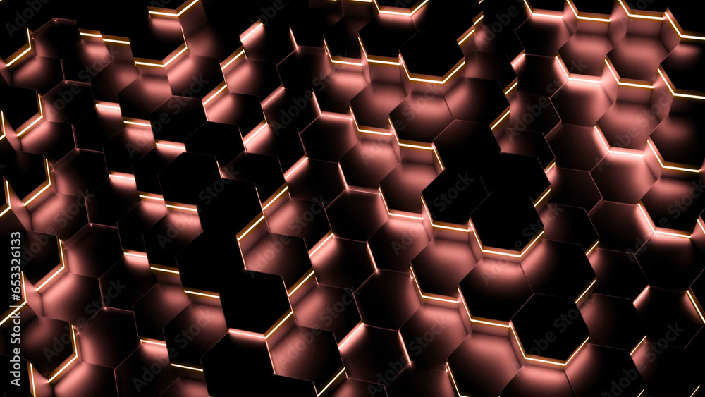 Poster neon hexagons move in waves on in dark. design. hexagons moving in waves with fluorescent illuminati
