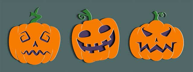 Halloween pumpkin set with unique expresion in paper cut style.