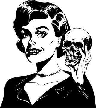 Vintage woman hold skull, Woman and skull Illustration on a transparent background