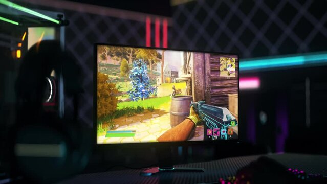 Gamer Suffers Defeat By Failing To Kill Enemy Player In Fake Video Game. Mockup Video Game Fail Animation. Failing Multiplayer Mode In Video Game On Computer Display. Shooter. Digital Entertainment