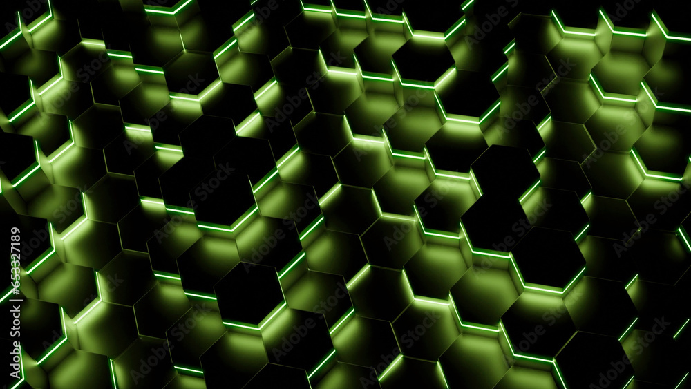 Poster neon hexagons move in waves on in dark. design. hexagons moving in waves with fluorescent illuminati