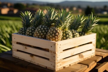 Harvest of fresh pipe pineapples in a wooden box. - obrazy, fototapety, plakaty