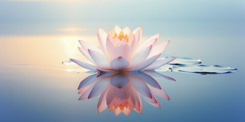 Lotus flower with reflection on water surface. Water lily. - obrazy, fototapety, plakaty