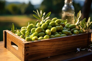 Olives in a wooden box. Free space for your text. Harvest green olives