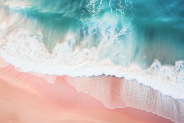 Fototapeta na wymiar Tropical pink beach with waves. Aerial view of the beach ocean
