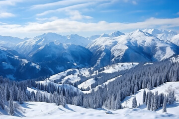 Panoramic scenic areal view from top of mountain landscapes winter valley, snow-capped peaks of mountains and trees, hills. Concept Swiss Alps, Krasnaya Polyana, Sochi, Sheregesh, Austria