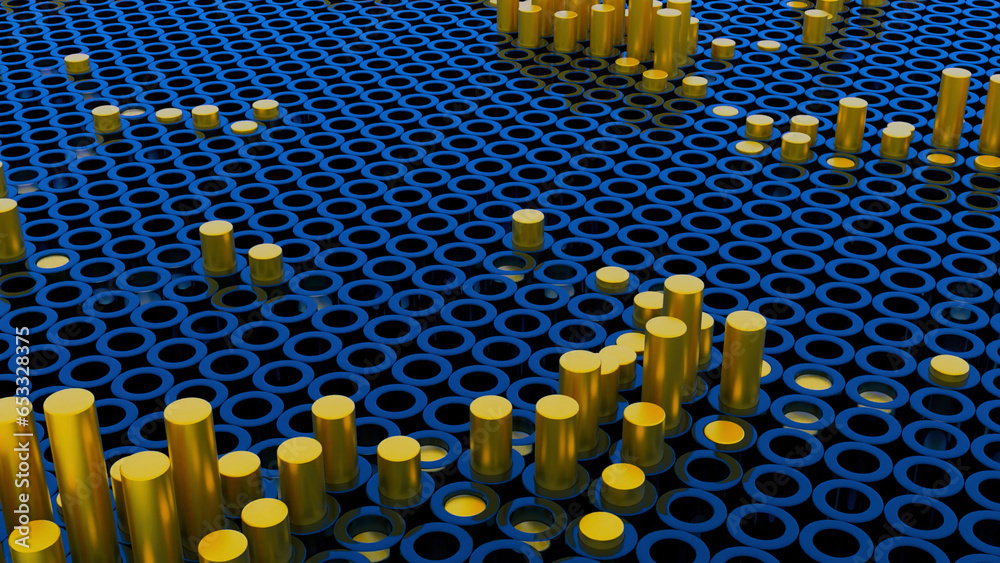 Poster 3d animation with rising columns. design. columns rise from holes in field. surface with holes and m