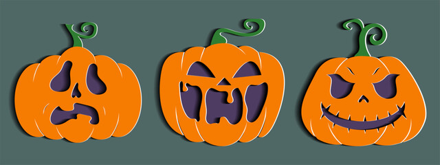 Halloween pumpkin set with unique expresion in paper cut style.