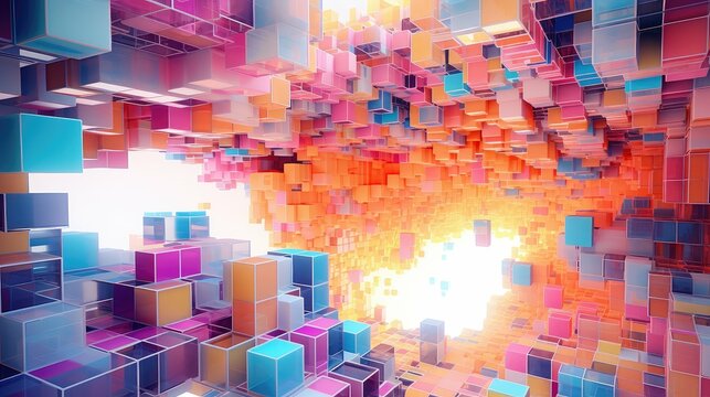 Fototapeta abstract voxel artificial cubes illustration 3d futuristic, pixel virtual, render cube abstract voxel artificial cubes